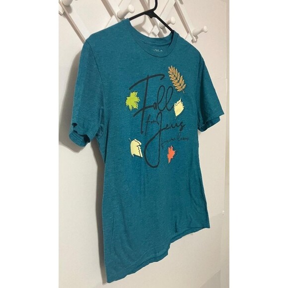 Fall for Jesus He Never Leaves T-Shirt Unisex Sz Small Love in Faith Teal Green - Picture 2 of 6